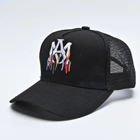 AMIRI Embroidered Paint Drip AM Logo Trucker Snapback Cap Black/White/Multi REPS