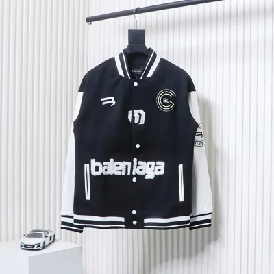 Balenciaga Patchwork Baseball Jacket with Leather Sleeves - etkick reps au