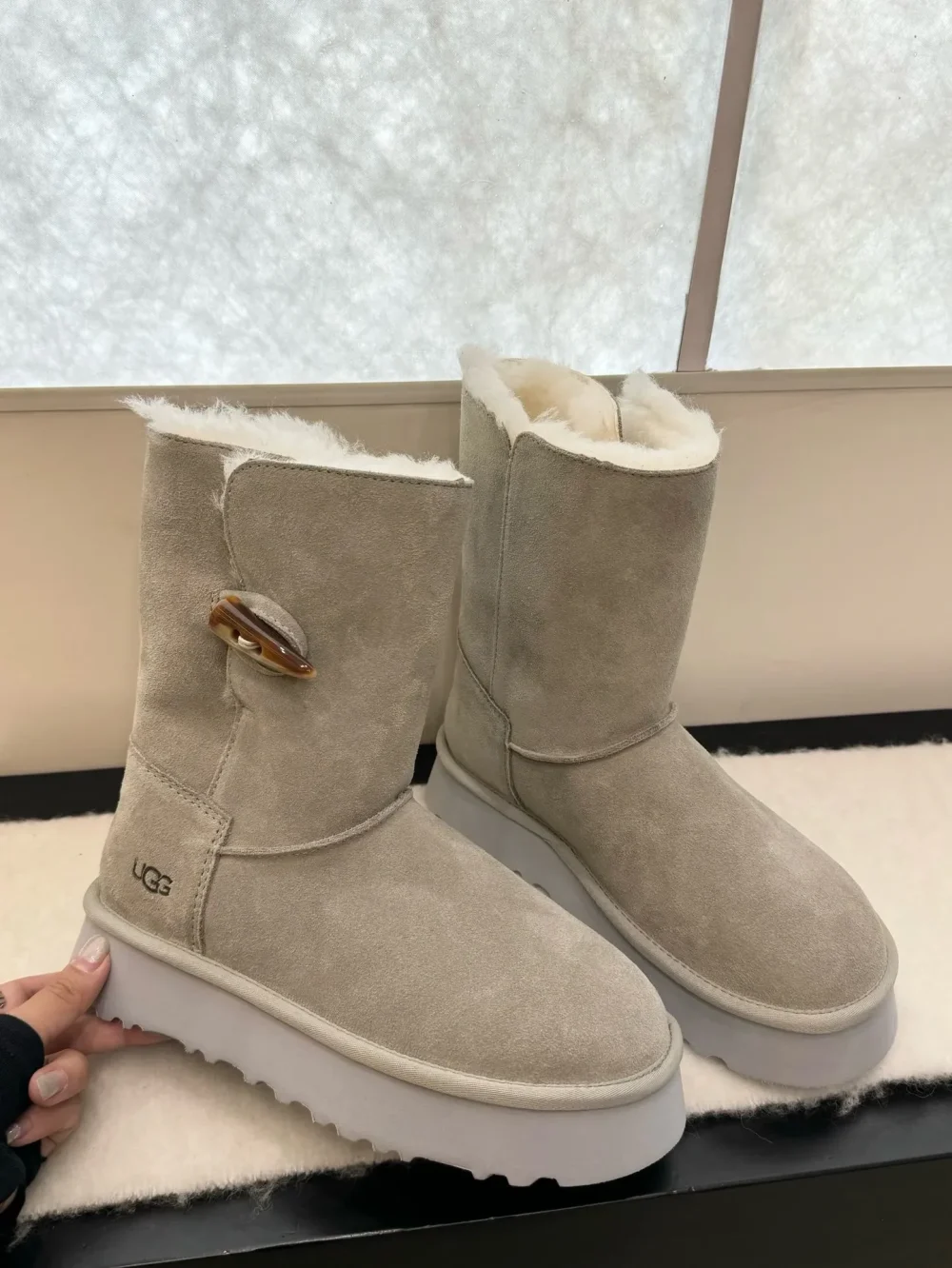 Ugg Wool Boots with Thick Sole and Horn Buckle Pewter Gray - etkick reps au