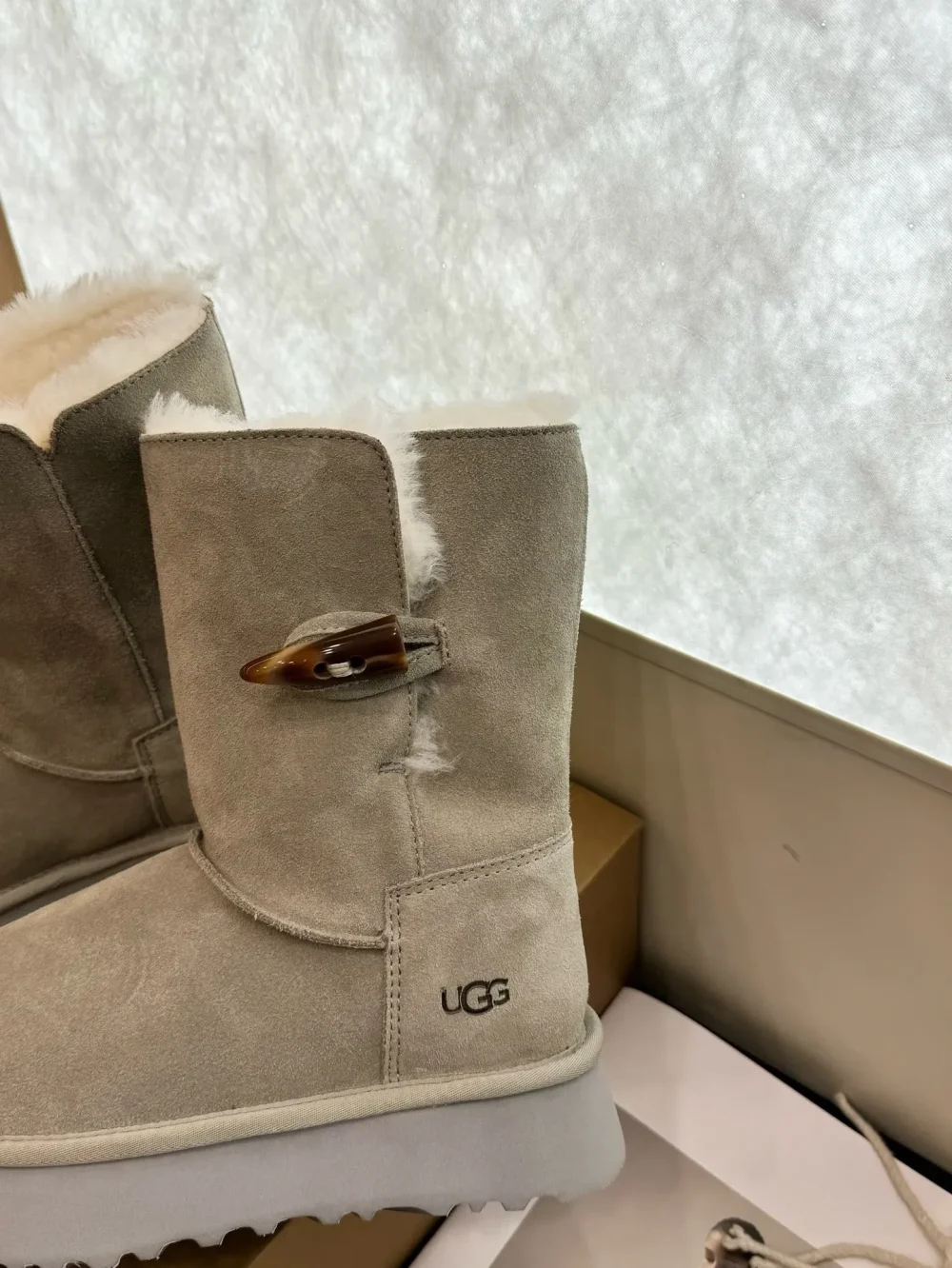 Ugg Wool Boots with Thick Sole and Horn Buckle Pewter Gray - etkick reps au