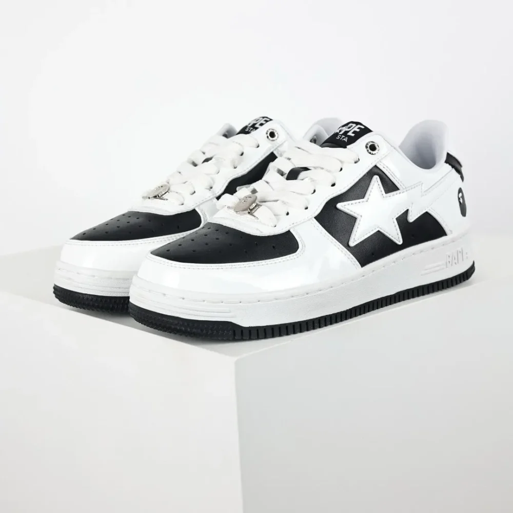 BATHING APE STA Classic Trend Fashion Sneakers White Mirror Black Leather - etkick reps au