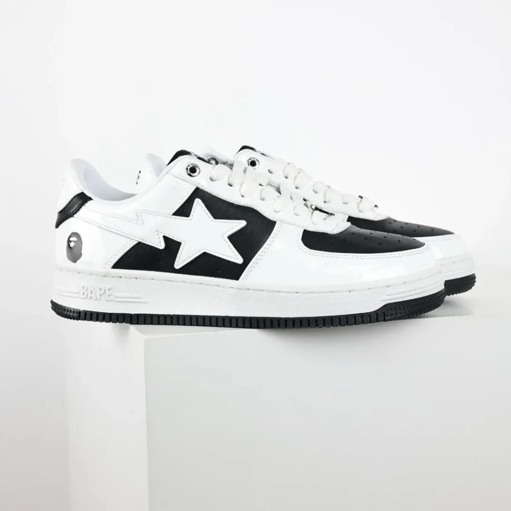 BATHING APE STA Classic Trend Fashion Sneakers White Mirror Black Leather - etkick reps au