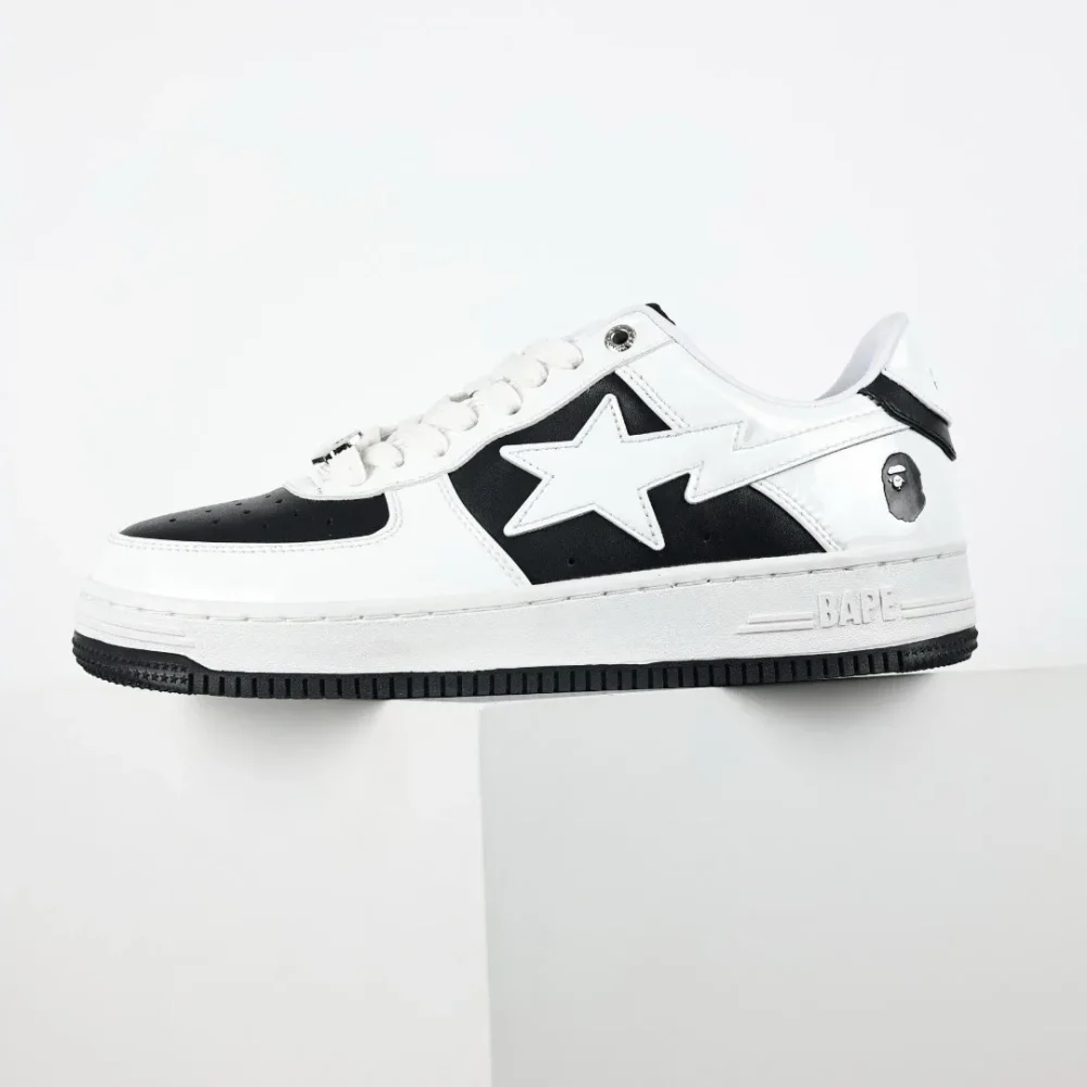 BATHING APE STA Classic Trend Fashion Sneakers White Mirror Black Leather - etkick reps au