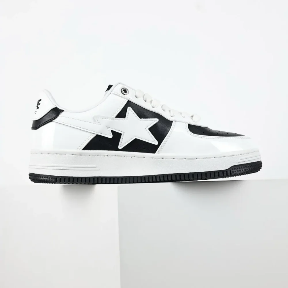 BATHING APE STA Classic Trend Fashion Sneakers White Mirror Black Leather - etkick reps au