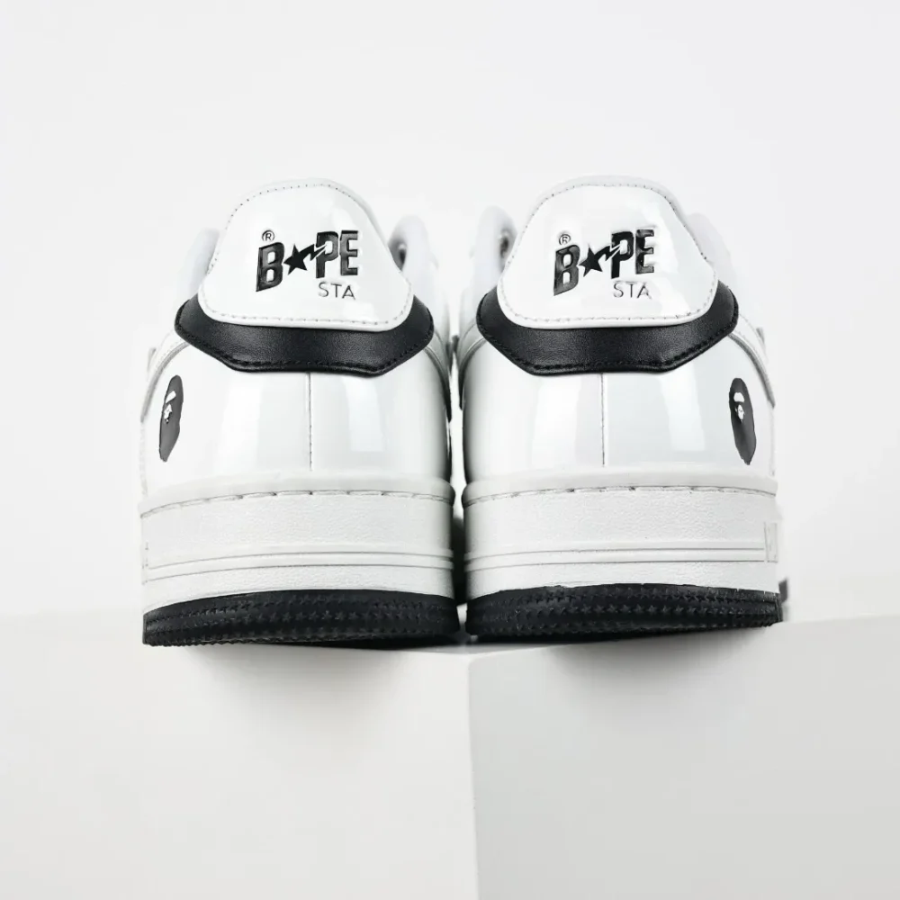 BATHING APE STA Classic Trend Fashion Sneakers White Mirror Black Leather - etkick reps au