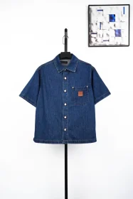 Denim Short-Sleeved Shirt With Small Logo On The Pocket Blue