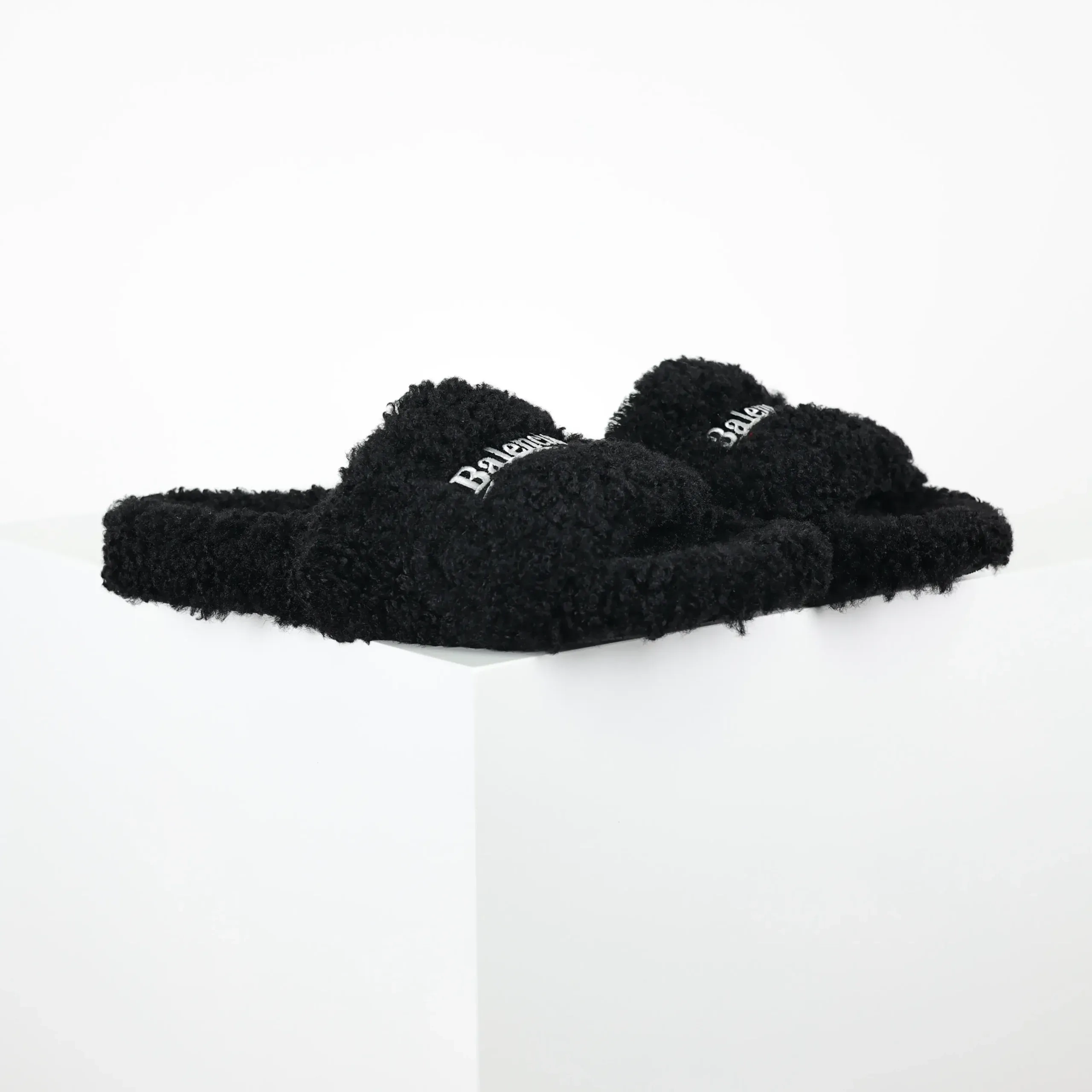 Balenciaga Furry Slippers in Black White Red - Image 2