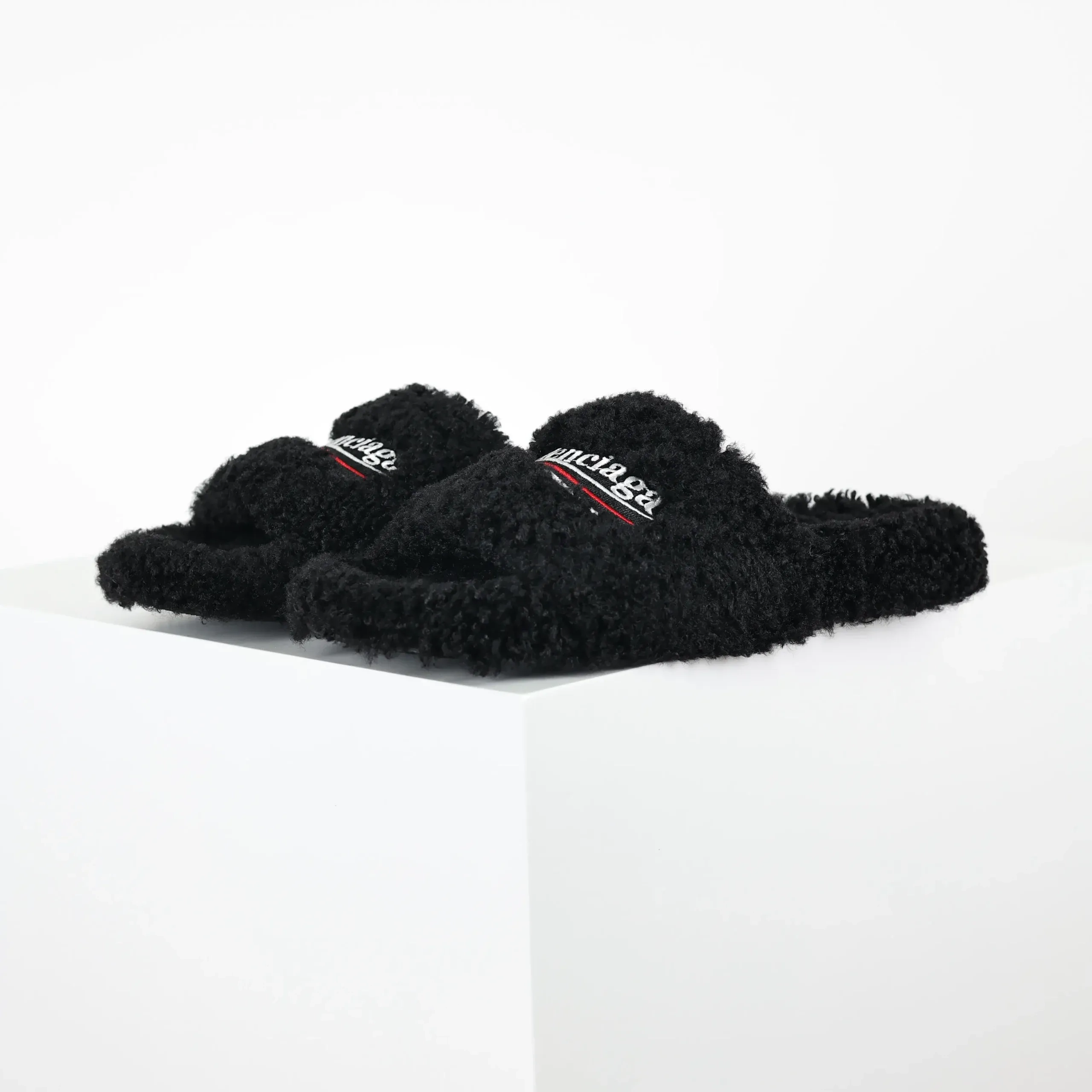 Balenciaga Furry Slippers in Black White Red - Image 3