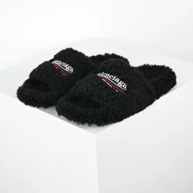 Balenciaga Furry Slippers in Black White Red
