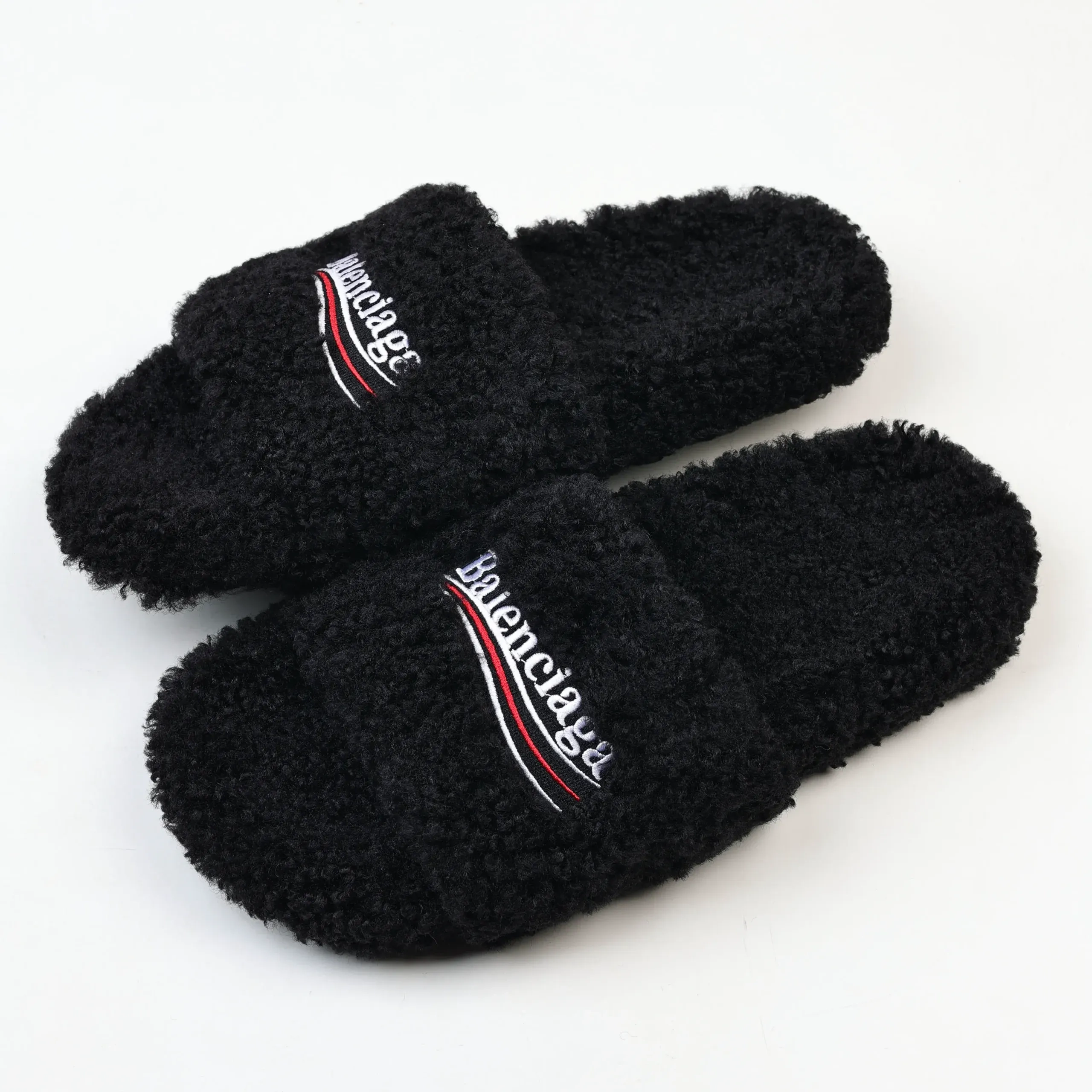 Balenciaga Furry Slippers in Black White Red - Image 4