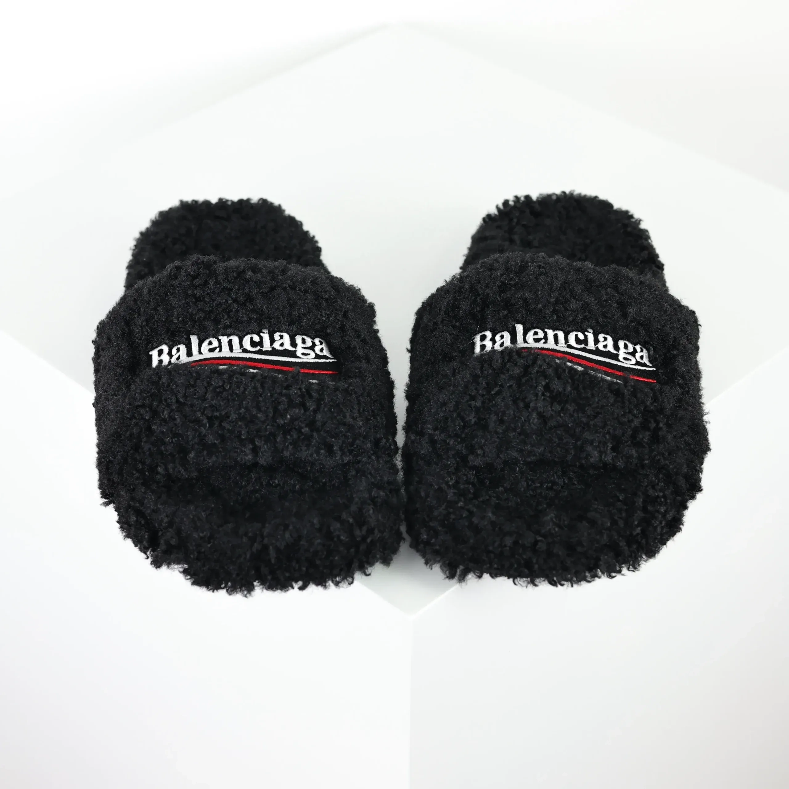 Balenciaga Furry Slippers in Black White Red - Image 5