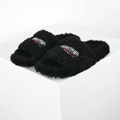 Balenciaga Furry Slippers in Black White Red