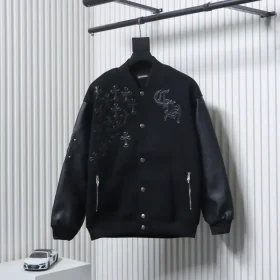 Leather baseball jacket with cross pattern and several brand logos on the sleeves XXL