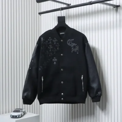 Leather baseball jacket with cross pattern and several brand logos on the sleeves XXL