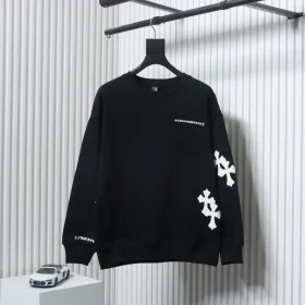 Sweatshirt With Leather Label Cross Embroidery And Round Neck