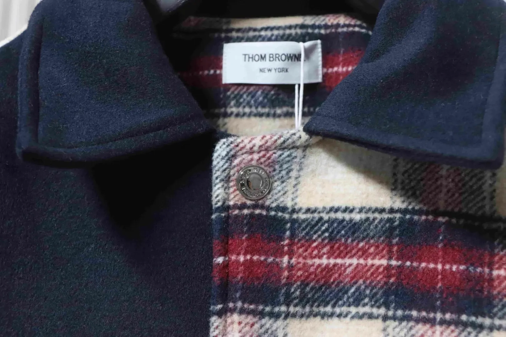 Tb Baseball Jacket With Patchwork Plaid Pattern And Four Stripes - Image 5