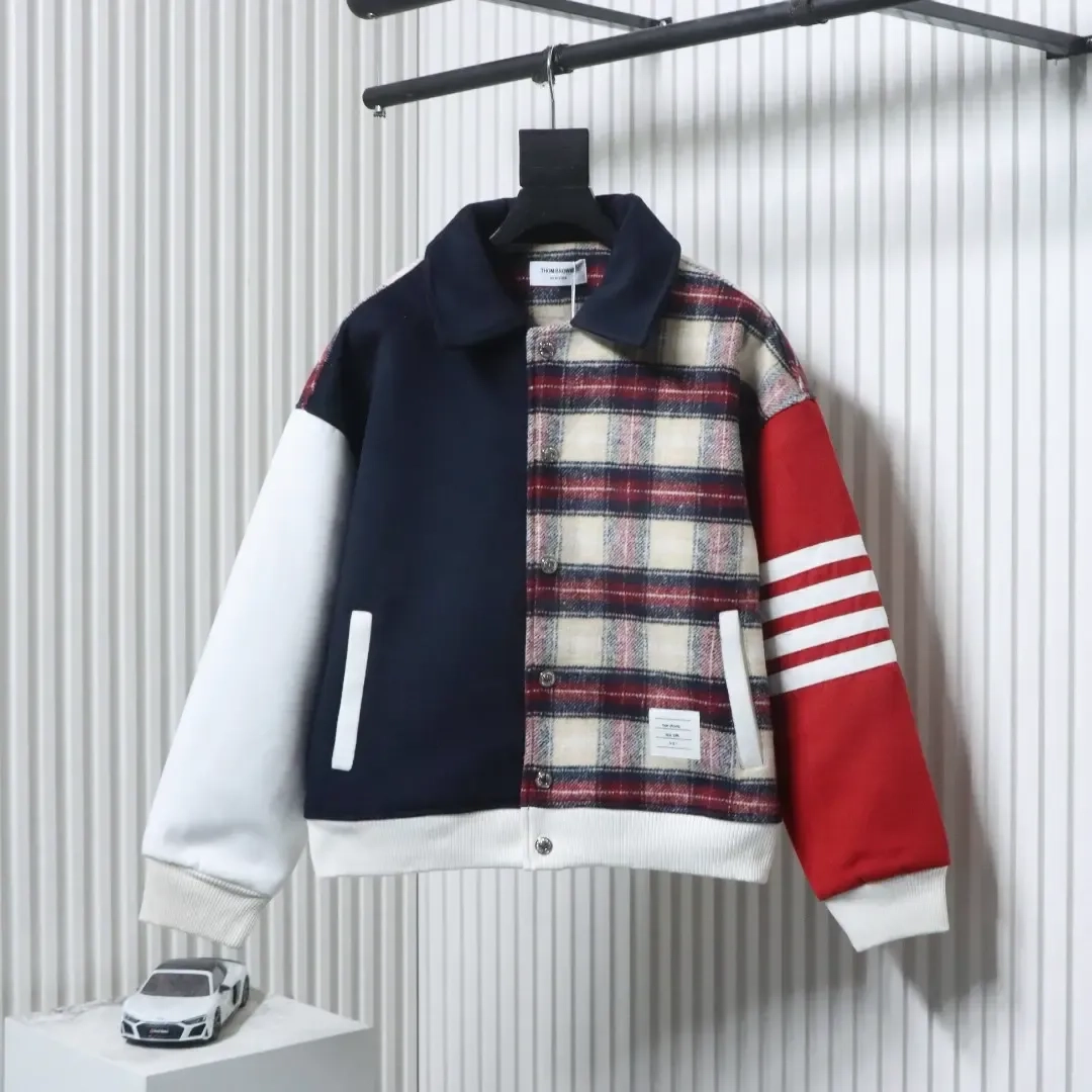 Tb Baseball Jacket With Patchwork Plaid Pattern And Four Stripes