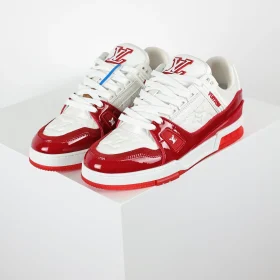 Trainer Monogram Sneakers In Grained Calfskin White And Red Patent Leather