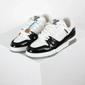 Trainer Monogram Sneakers In White Grained Calfskin And Black Patent Leather