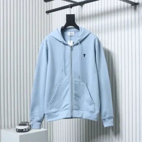 AMI Paris Hooded Jacket With Heart Embroidery And Zipper Closure