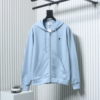 AMI Paris Hooded Jacket With Heart Embroidery And Zipper Closure - etkick reps au