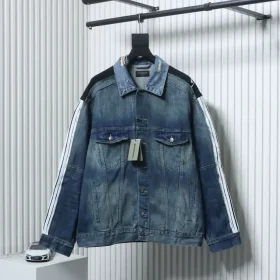 Balenciaga Denim Jacket In A Distressed Look With Circular Embroidered Ribbon Patchwork