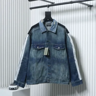 Balenciaga Denim Jacket In A Distressed Look With Circular Embroidered Ribbon Patchwork - etkick reps au