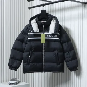Down Jacket With Hood Striped Pattern And Logo