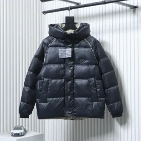 Metallic Triangular Logo Down Jacket With Hood And Wide Brim