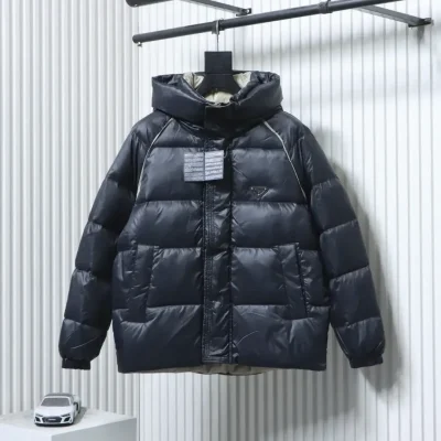 Metallic Triangular Logo Down Jacket With Hood And Wide Brim - etkick reps au