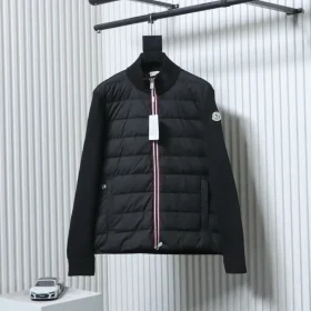 Moncler Down Jacket With Woven Button Placket And Knitted Patchwork Design