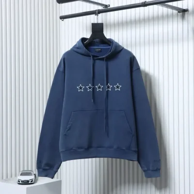 Balenciaga 26Ss Retro Blue Hoodie With Five Pointed Star Logo