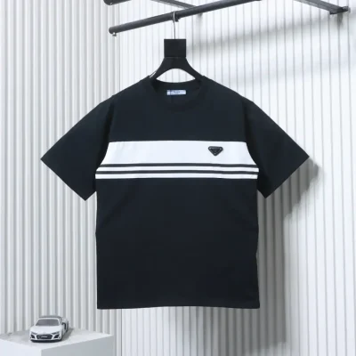 Short-sleeved T-shirt with striped patchwork design and triangular logo