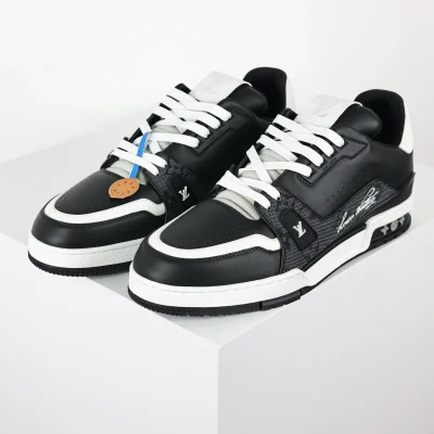 Trainer Sneakers With Jacquard Lettering And Simple Black Calfskin Leather